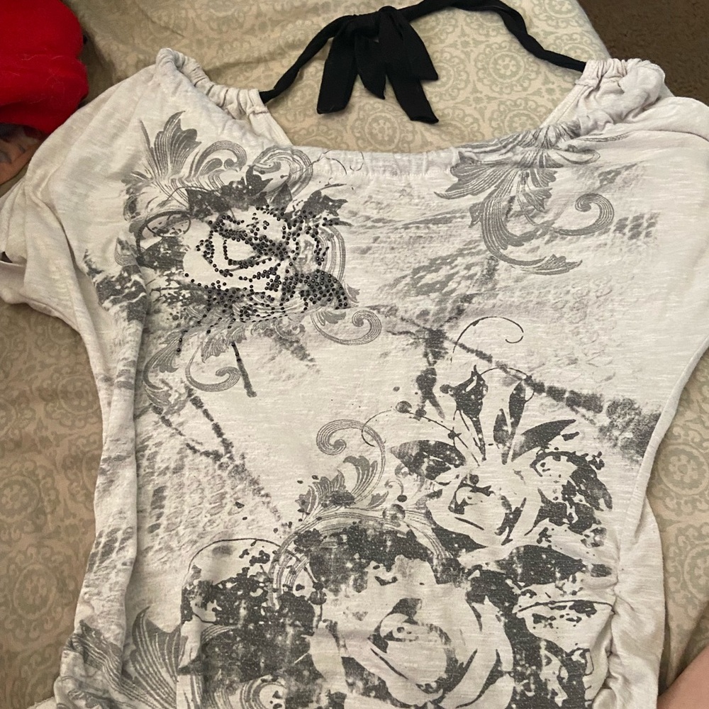 white, grey and rhinestone shirt